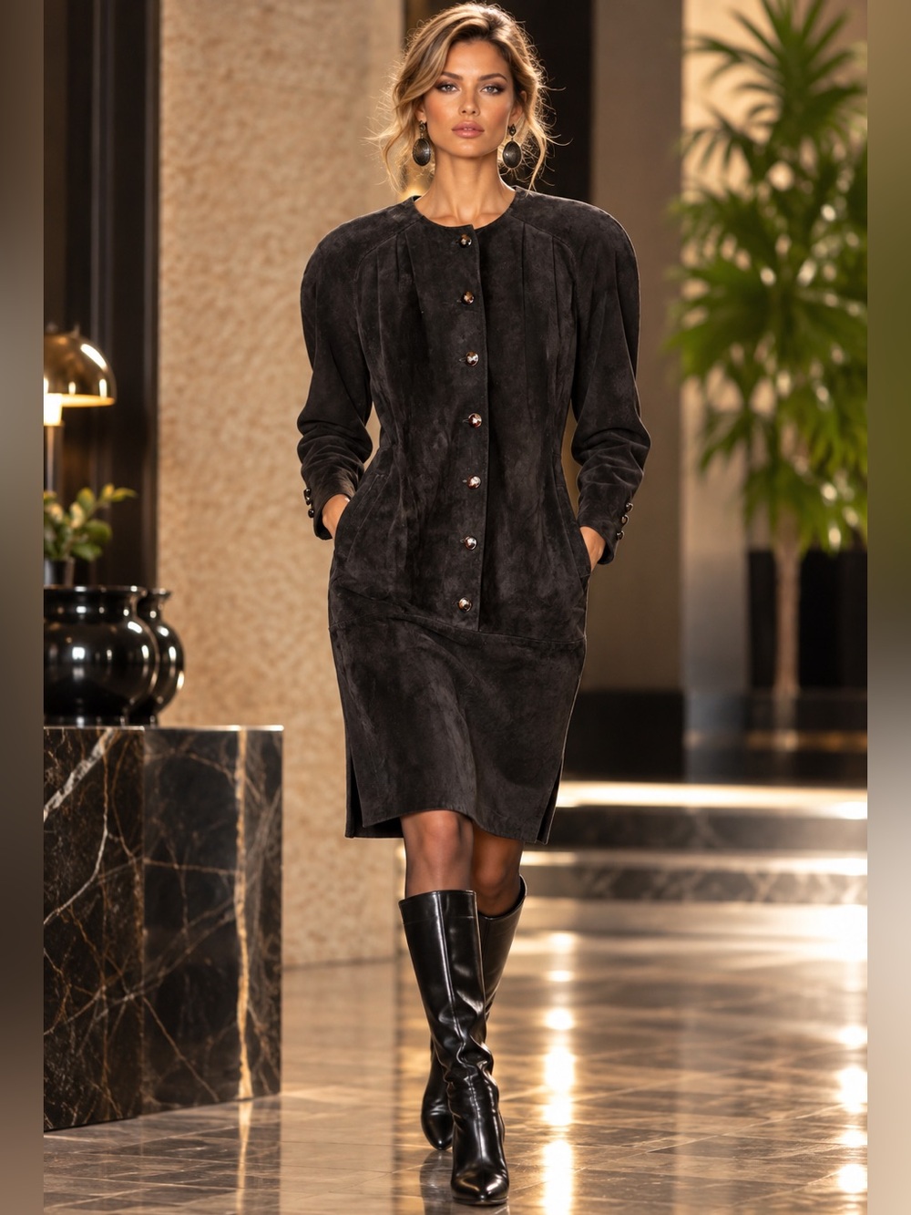 1980s Genuine Black Suede Dress Rounded Shoulder Pads Button Front Midi Dress